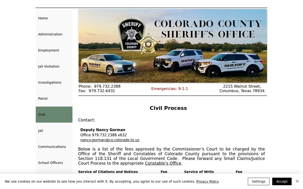 Colorado County warrant records: Sheriff's Civil Process page and listed writ types