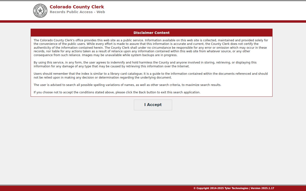Colorado County warrant search: County Clerk public records access disclaimer screen