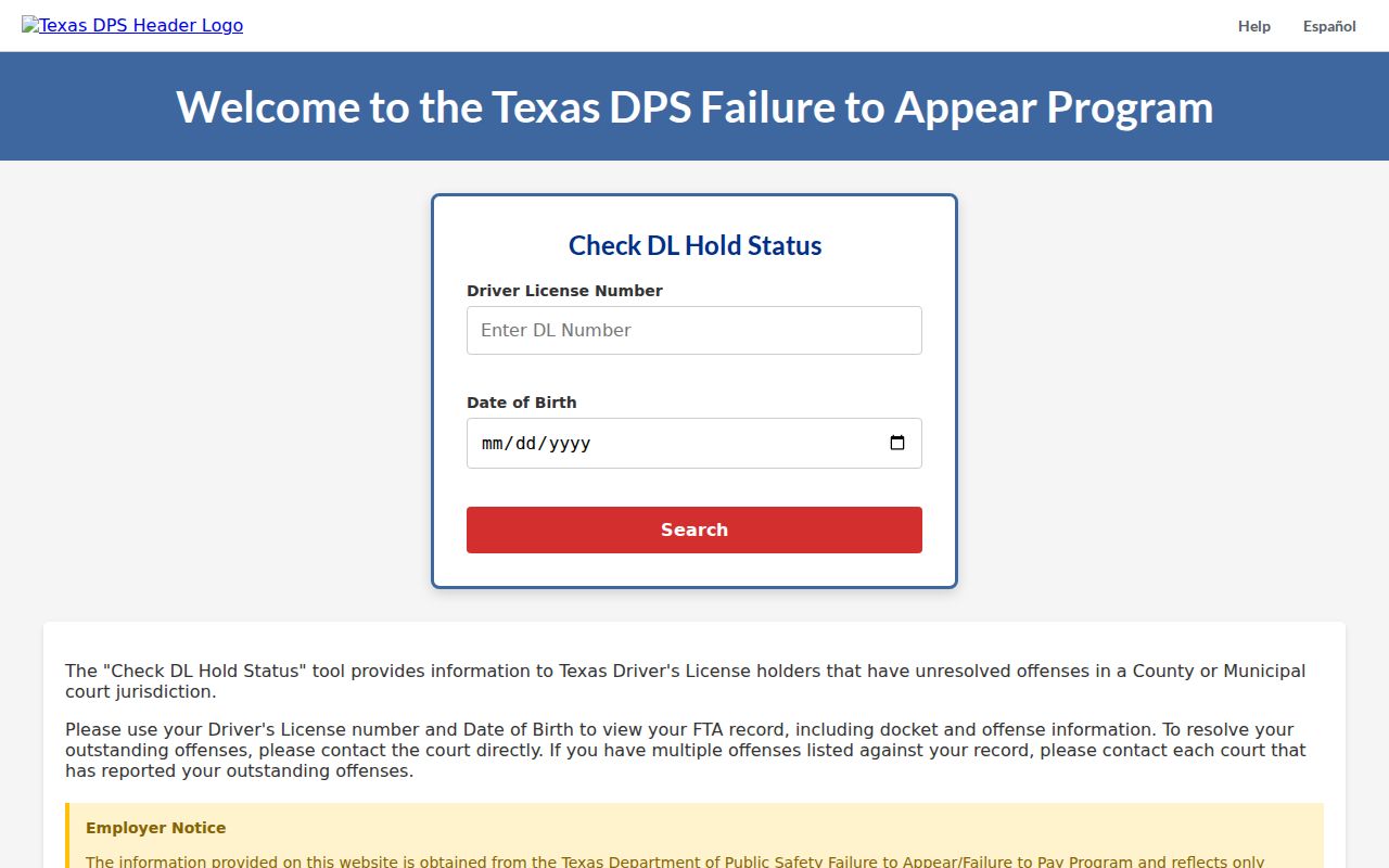 Colorado County traffic warrant status: Texas FTA form with license and birth-date fields