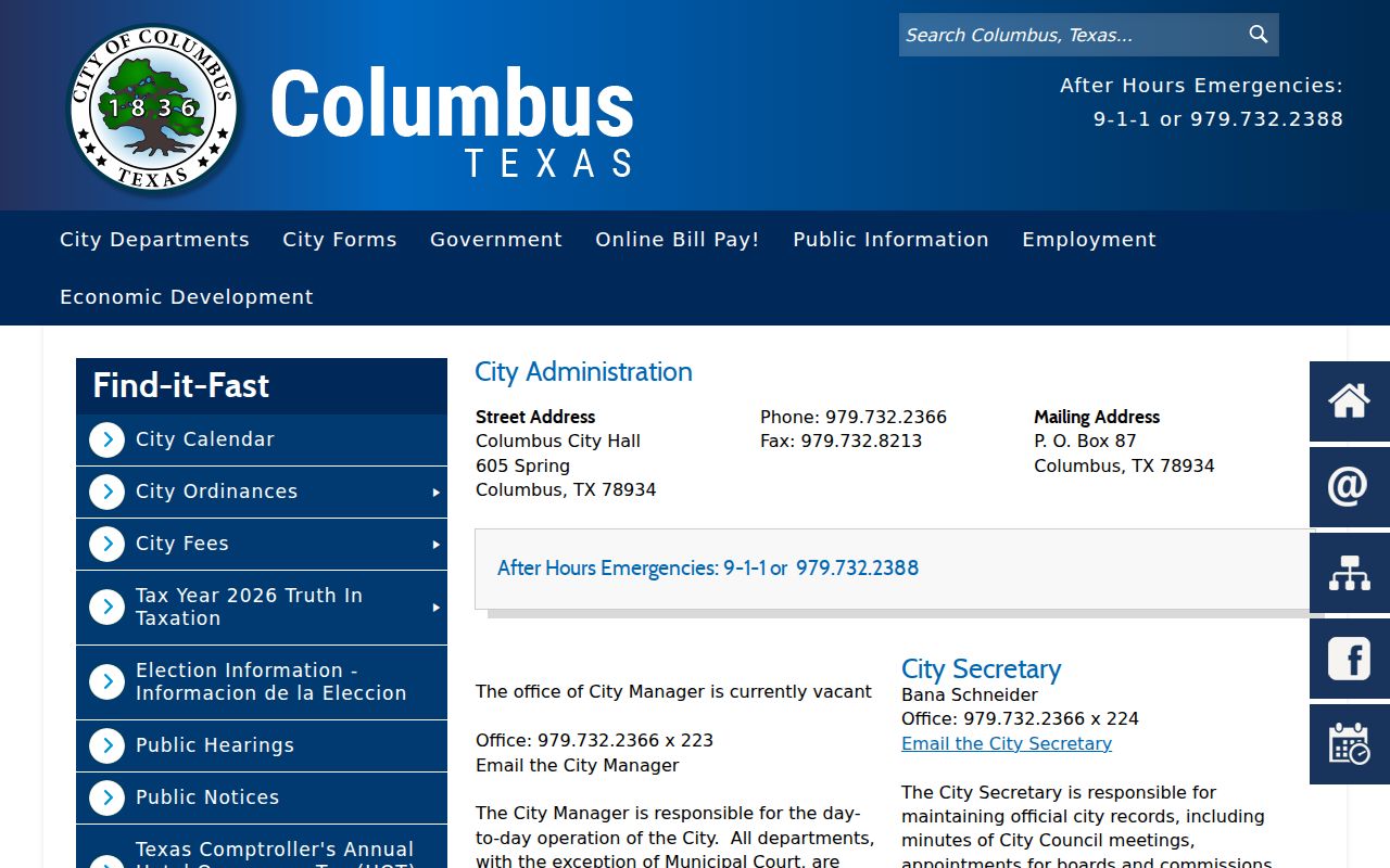 Colorado County city court warrant records: Columbus City Hall and municipal contacts