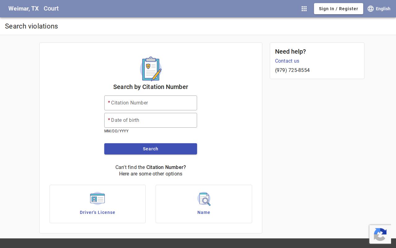 Weimar warrant search: Tyler municipal citation, license, name, plate, and business fields