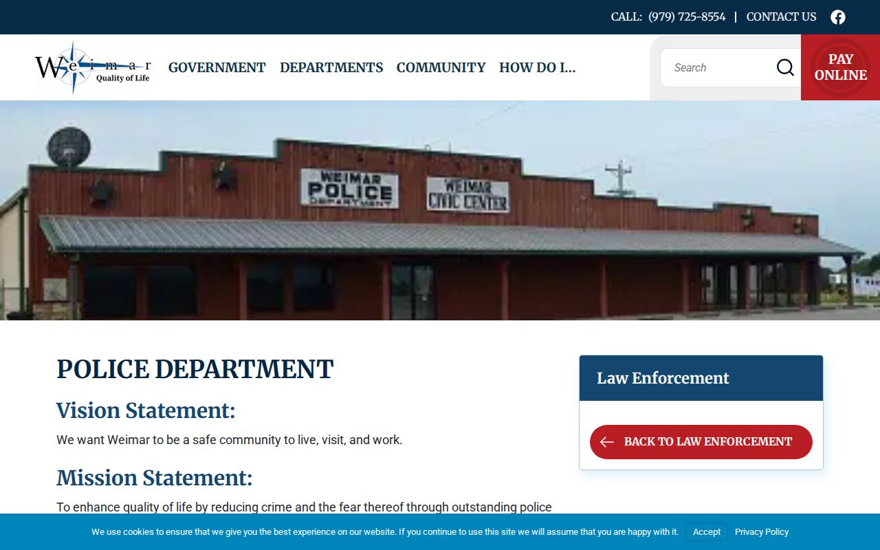 Weimar warrant service contact: Police Department address, phone, and public information