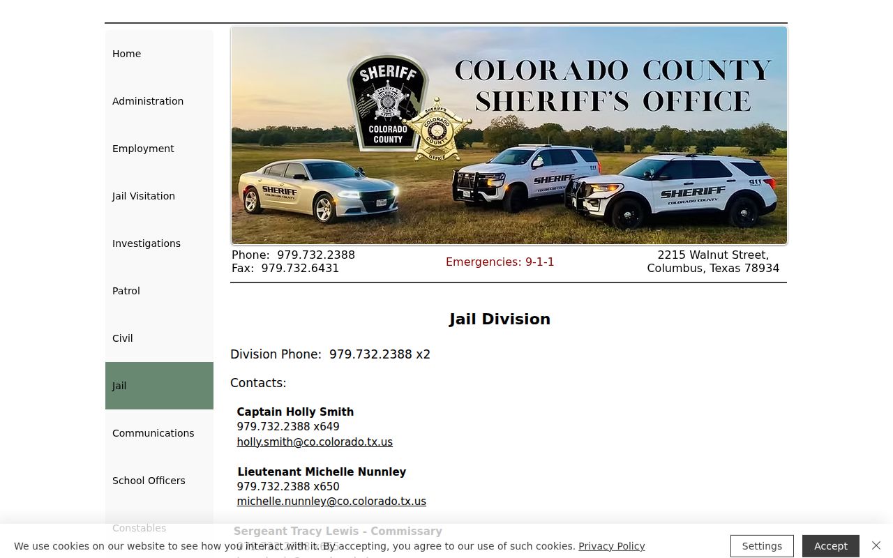 Colorado County warrant records: Sheriff's Jail Division public contact page